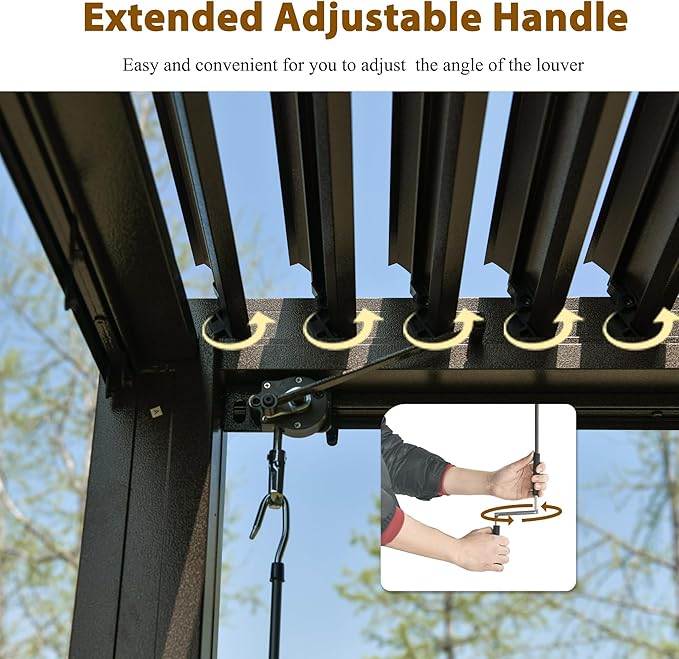 Domi 12x16FT Louvered Pergola, Full Aluminum Pergola with Adjustable Louvered Roof, Outdoor Pergola with Waterproof Curtains and Netting, Dark Brown