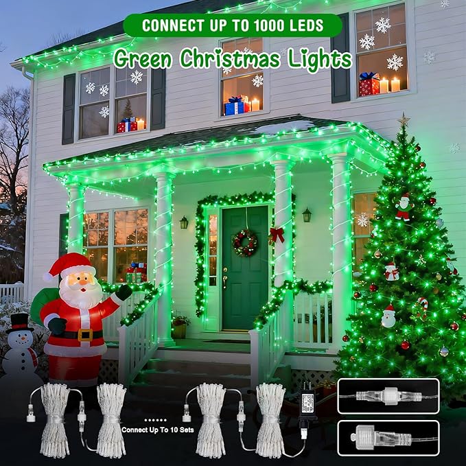 JMEXSUSS 2 Pack 100 LED Green Christmas Lights Indoor, 8 Modes Green String Lights Outdoor Waterproof, Clear Wire Connectable Christmas Tree Lights Plug in for Xmas Tree Bedroom Yard Party Decorations