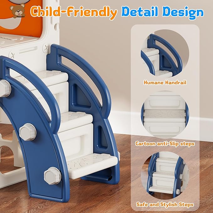 10-in-1 Toddler Slide Playset,Indoor Playground for Kids 1-3 and Toddler Outdoor playset with Golf Set, Basketball Hoop, Climbing Frame, Drawing Board and Steering Wheel, Yellow & Blue