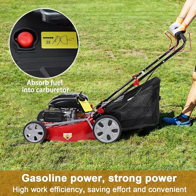 3 in 1 Gas Lawn Mower Self Propelled,141cc OHV Engine with Air Cooling, 20" Steel Deck, 8-Level Height Adjustment, 50L Grass Tank, Foldable Design Red
