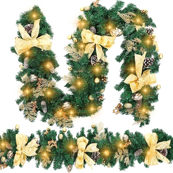 2 Pack 6ft Christmas Garland with LED Lights Pre Lit Outdoor Christmas Garland with Pine Cones Bow Gold Berry for Fireplace Mantel Holiday Indoor Christmas Decor, Total 12ft (Style 1)