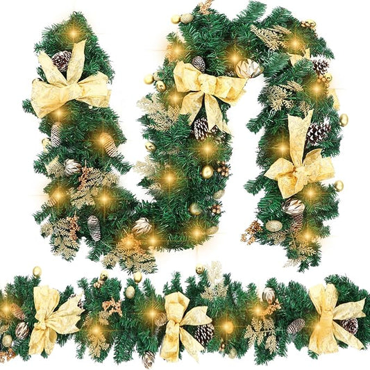 2 Pack 6ft Christmas Garland with LED Lights Pre Lit Outdoor Christmas Garland with Pine Cones Bow Gold Berry for Fireplace Mantel Holiday Indoor Christmas Decor, Total 12ft (Style 1)