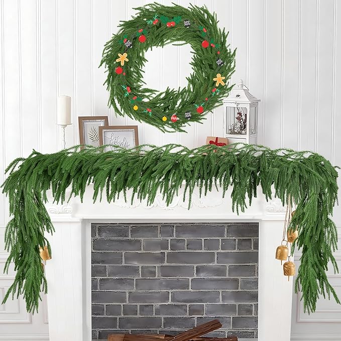 2Pcs 5FT Christmas Garland Artificial Norfolk Pine Garlands Real Touch Winter Green Greenery Garland Christmas Decoration Xmas Garland for Door Table Mantle Wall Indoor Outdoor Christmas Decor