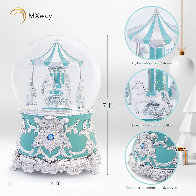 Carousel Music Box Silver Mint Christmas Snow Globes, 7.1" Glass Rotate Carousel Snow Globe for Kids & Adults, Classic Wind up Musical Snow Globe Birthday Gifts, Carousel Horse Home Decor