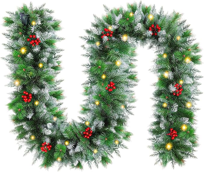 9FT Artificial Christmas Garland with LED Light Battery Operated Light Garland with 30 LED Warm Lights and 18 Red Berries for Mantle Stairs Fireplace Xmas Decoration