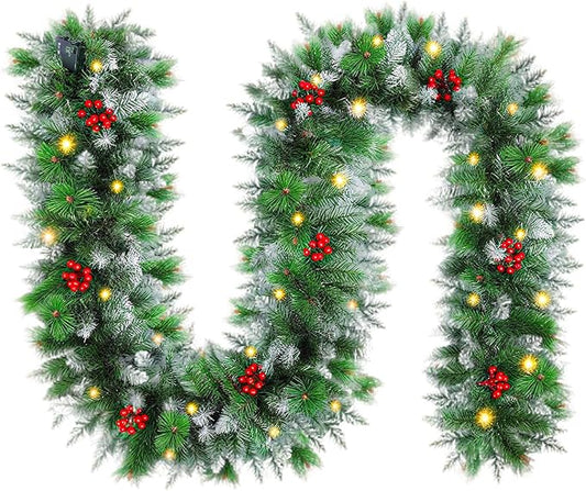 9FT Artificial Christmas Garland with LED Light Battery Operated Light Garland with 30 LED Warm Lights and 18 Red Berries for Mantle Stairs Fireplace Xmas Decoration