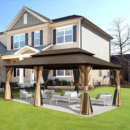 Domi 12' x 20' Hardtop Gazebo Permanent Metal Gazebo with Galvanized Steel Double Roof, Curtains and Netting for Party, Wedding, Outdoor Dining, Patio, Backyard, Brown