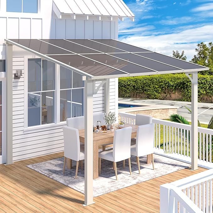 AECOJOY 8' x 8' Pergola Gazebo in White, Small Wall Mounted Pergolas and Gazebos on Clearance, Outdoor Patio Lean to Gazebo Metal Awnings for Deck, Porch, Backyard and More