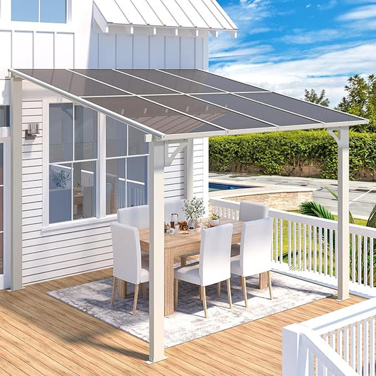 AECOJOY 8' x 8' Pergola Gazebo in White, Small Wall Mounted Pergolas and Gazebos on Clearance, Outdoor Patio Lean to Gazebo Metal Awnings for Deck, Porch, Backyard and More