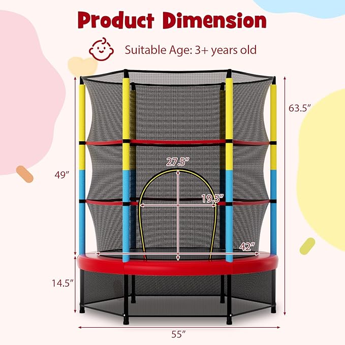Goplus 55¡± Trampoline for Kids, ASTM Approved Toddler Trampoline w/Enclosure Safety Net, Bouncy Jumping Mat, Seamless Design, Indoor Outdoor Mini Recreational Rebounder for Boys Girls