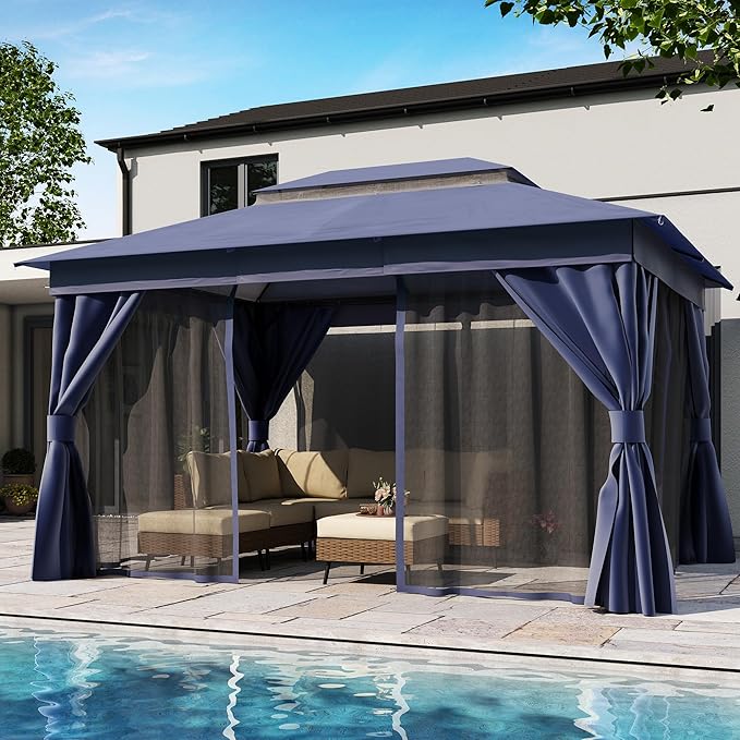 LAUSAINT HOME Semi-permanent Patio Gazebo 10'x13' with Expansion Bolts, Outdoor Heavy Duty Shelter Party Tent with Double Roofs, Mosquito Nets and Privacy Screens for Backyard, Garden, Lawn, Navy Blue