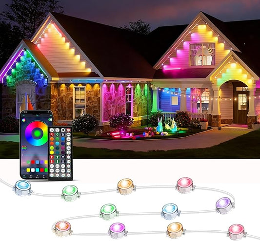 RGB Permanent Outdoor Lights, 100FT LED Eaves Lights with Smart App Remote Control, IP67 Waterproof, Music Sync, Timing Function for Christmas, Party, All Holiday Decorations