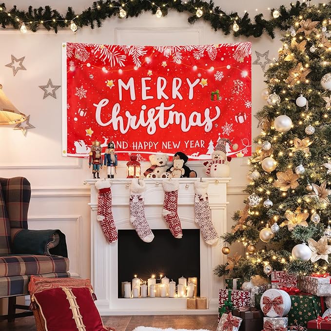 XIFAN Christmas Flag Double Sided 3x5 FT Outdoor, Large Merry Christmas and Happy New Year Banner with Snowman Christmas Tree, Gift Wall Winter Decoration