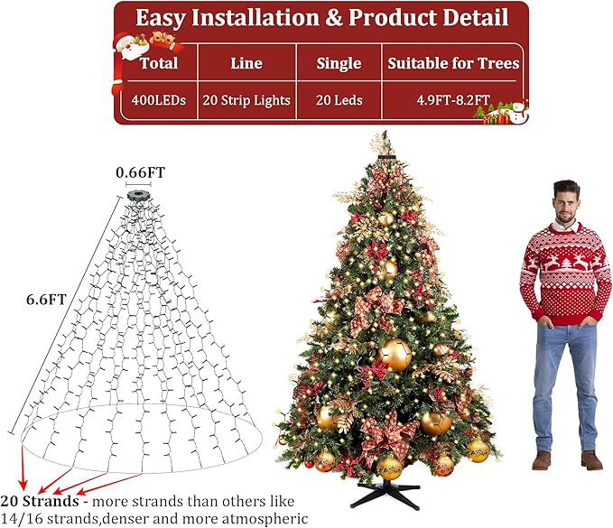 Christmas Tree Lights with Ring,400 LEDs Waterfall Lights for Christmas Trees,Waterproof 6.6FT x 20 String Lights with Remote,8 Modes/Memory/Timer,Cascading Twinkle Lights Xmas Decoration