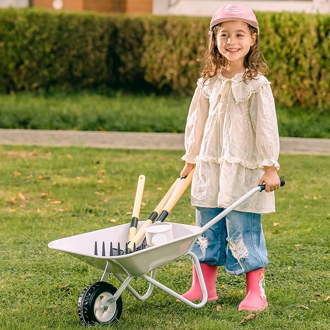 ROBOTIME Kids Wheelbarrow with Gardening Set – Metal Wheelbarrow Toddler Outdoor Play Toy with Garden Tools, Watering Can & Plant Labels, Pretend Play Yard Equipment for Boys and Girls (Gray)