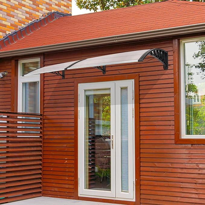 Window Awning Door Canopy Exterior- 38" x 80" Aluminum Door Awning, Polycarbonate Cover Patio Canopy Awning for House, Outside, Rain Snow & UV Resistant (Clear Board & Black Bracket)