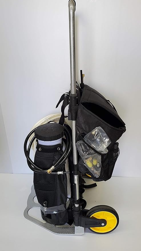 Backpack Sprayer MY4SONS M4 4-Gallon - Cordless Water Sprayer for Plants, Refillable Pressurized Sprayer, Adjustable Wand, Heavy Duty - Includes 15ft Extension Hose - 7-inch Wheels Cart w/Secure Strap