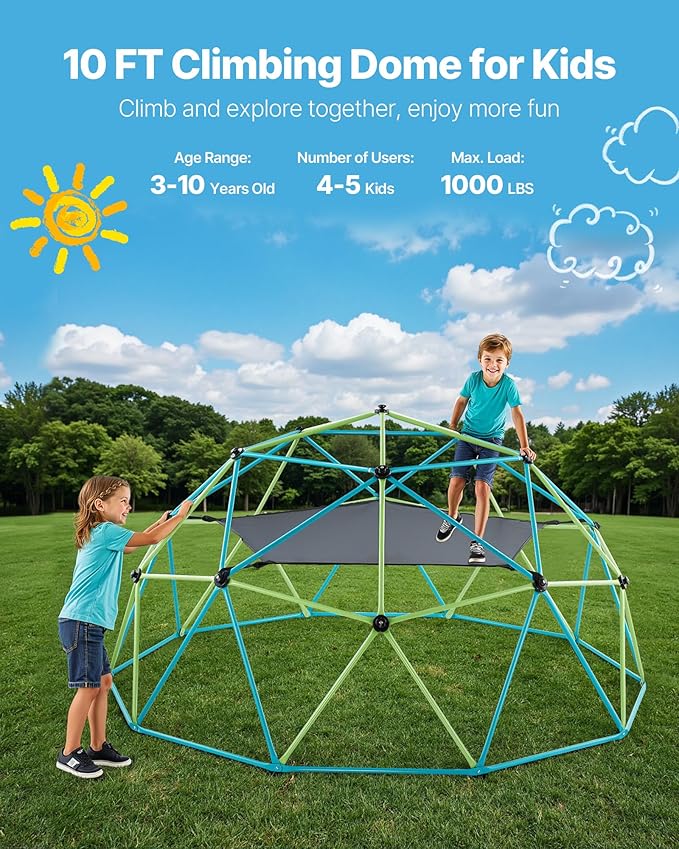 VEVOR Climbing Dome, 10FT Geometric Dome Climber with Swing & Hammock, 1000LBS Loading Kid's Jungle Gym Playground, Easy-Assembly Outdoor Backyard Climbing Equipment for Boys Girls 3 to 10 Years Old