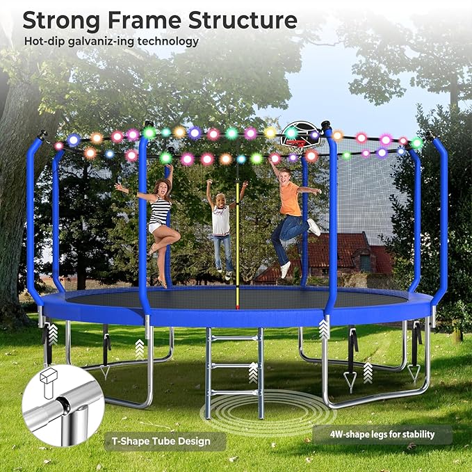 Lyromix Upgraded Trampoline 8FT/10FT/12FT/14FT With Basketball Hoop, Light, Sprinkler, Stakes - Outdoor Backyard for 4-6 Kids and Adults