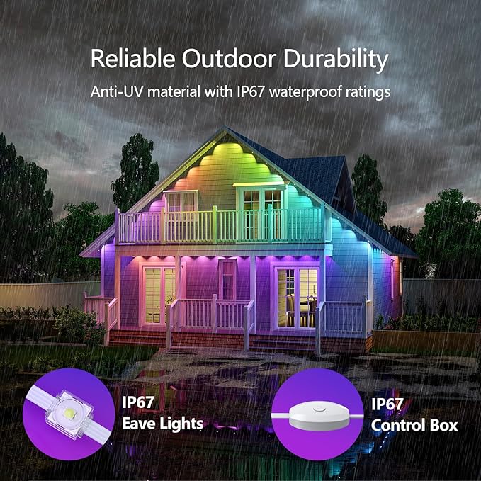 Permanent Outdoor Light,150ft Eave Lights with 120 LEDs, Smart RGB Outdoor LED Lights with Remote, 49 Scene Modes, IP67 Waterproof, Compatible with Alexa & Google Home