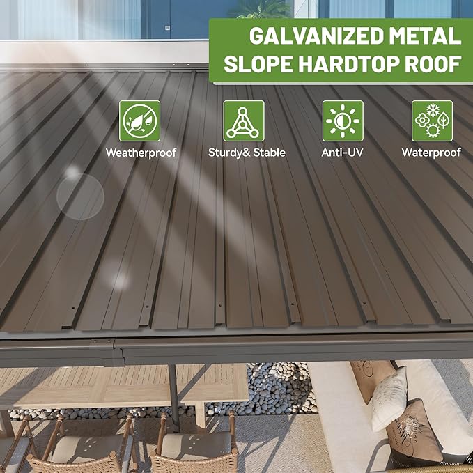 10x14FT Lean to Gazebo, Outdoor Hardtop Wall Mounted Gazebo with Gutter & Sloping Galvanized Steel Roof, Metal Frame Mount Gazebos with Netting & Curtain for Deck, Porch, Backyard