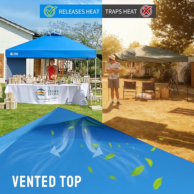 CROWN SHADES 12x12 Pop Up Canopy Tent Instant Commercial with 150D Silver Coated Fabric Including 1 Removable Sidewall, 4 Ropes, 8 Stakes, Weight Bags, STO 'N Go Bag, Blue