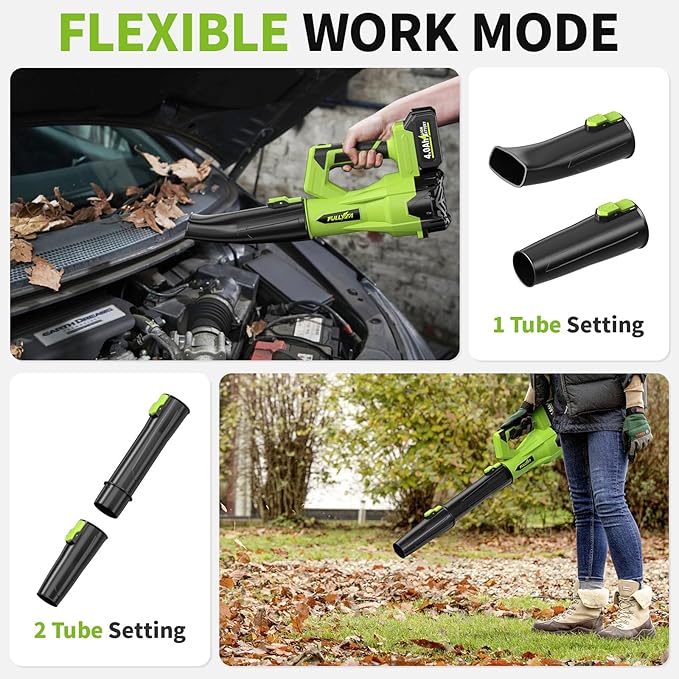 Cordless Leaf Blower 650CFM/180MPH, 21V Electric Leaf Blower with 3 Tubes & 2 x 4.0Ah Batteries, 6 Speed Modes, Battery Powered Leaf Blowers for Cleaning Patio, Yard, Garage, Lawn (Green)