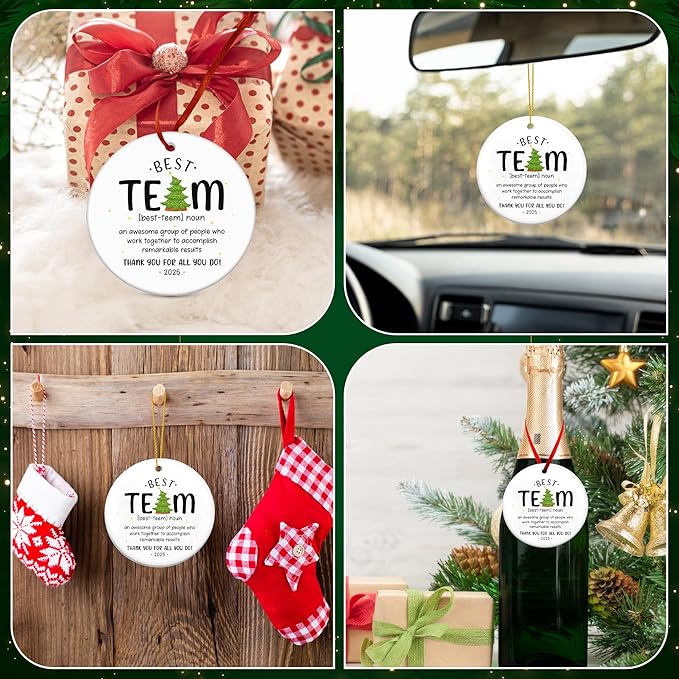 TEEZWONDER Best Team Ever Gifts - Ceramic Christmas Ornaments 2025 with Card for Christmas Tree Decorations - Office Group Gifts for Coworkers Employees Friends, Appreciation Thank You Gift Ideas