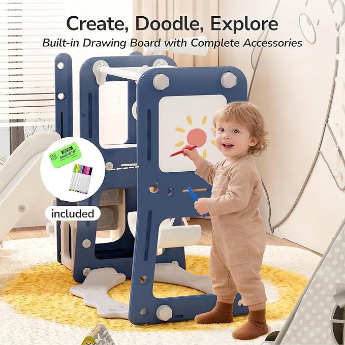9 in 1 Toddler Slide and Swing Set with Basketball Hoop, Drawing Board, Rings & Telescope Indoor Outdoor Playset for Kids, Playground Activity Center, Toddler Swing and Slide Set