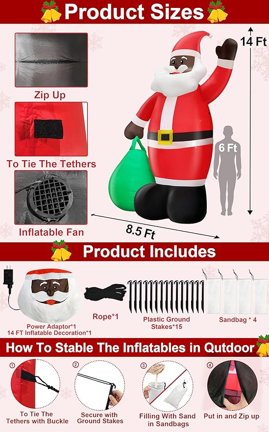 14 Ft by 8.5 Ft Giant Christmas Inflatable Black Santa Holding Gift Bag, African American Christmas Decorations, Blow up Xmas Decor Built in LED Lights for Yard Lawn Garden