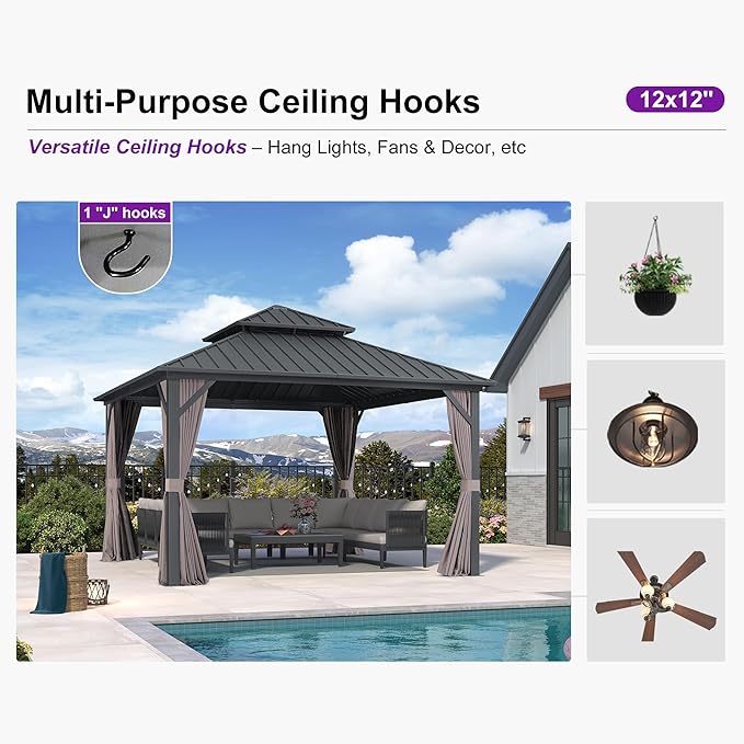 PURPLE LEAF 12' X 12' Permanent Hardtop Gazebo Outdoor Aluminum Gazebo with Galvanized Steel Double Roof for Patio Lawn Garden Aluminum with Netting and Curtains Grey