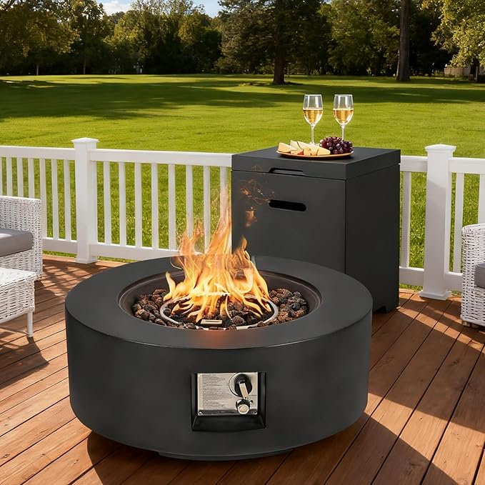 ECOTOUGE 2-Piece Gas Fire Pit, Outdoor Propane Fire Pit Table Set w/Tank Cover, 30''Auto-Ignition Round Steel Fire Table, 50,000 BTU Concrete Fire Pit w/Weather-Resistant Pit Cover, Lava Rocks, Black