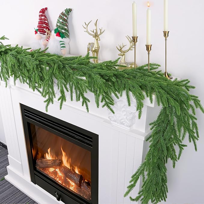 6 FT Christmas Norfolk Pine Garland Real Touch Artificial Faux Greenery Pine Christmas Garland Decorations for Home Mantle Table Stairs Door Fireplace Indoor Outdoor Xmas Holiday Decor