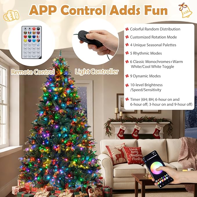 GOFLAME 8FT Pre-lit Artificial Christmas Tree, Hinged Xmas Tree with Remote and App Control, 650 Color & Mode Changing RGB Lights, Timer, 1936 Branch Tips, Pine Cones and Red Berries