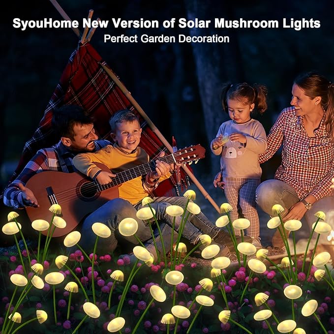 2 Pack 16 LEDs Solar Garden Lights, Upgraded 8 Modes Solar Lights Outdoor, IP65 Waterproof Swaying Light, Mushroom Outdoor Decor for Garden, Yard, Patio, Pathway (Warm White)