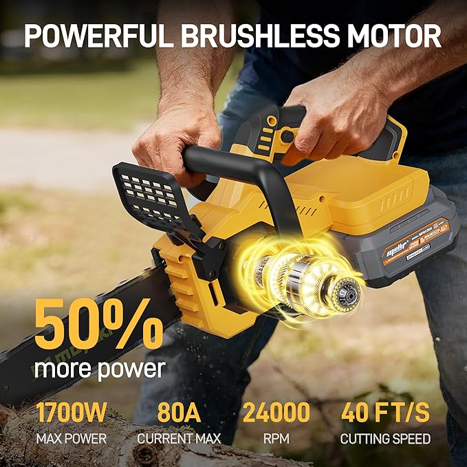 Cordless 40V 14 Chainsaw Compatible with Dewalt 20V MAX Battery, Electric Handheld Power Chain Saw w/ 1700W Brushless Motor, 40 Ft/s, (2) 4.0Ah Battery, Auto Oiler for Tree Wood Cutting Trimming