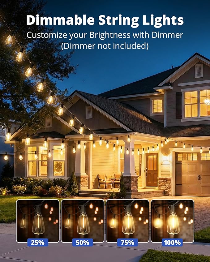 VIPAR Outdoor String Lights 100FT Patio Lights Outdoor Waterproof with 52 Shatterproof ST38 Vintage Edison Bulb, LED Outside Hanging Light for Backyard, Porch, Garden, Deck, Bistro, 2700K Dimmable