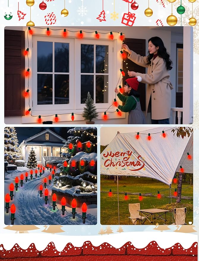 LED C9 Red Christmas Lights Outdoor, 25FT C9 LED Outdoor String Lights with 26 Shatterproof Red Bulbs, Waterproof Vintage Christmas Lights for Indoor Holiday Tree Roofline Patio Party Garden Decor