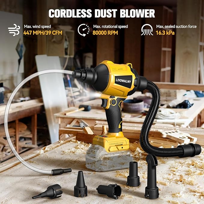 LIVOWALNY Cordless Dust Blower Compatible with Dewalt 20V Battery, Leaf Blower Brushless Handheld Sawdust Blower 447 MPH/39 CFM for Garages, Sawmill Room, Workshop Cleaning (No Battery)