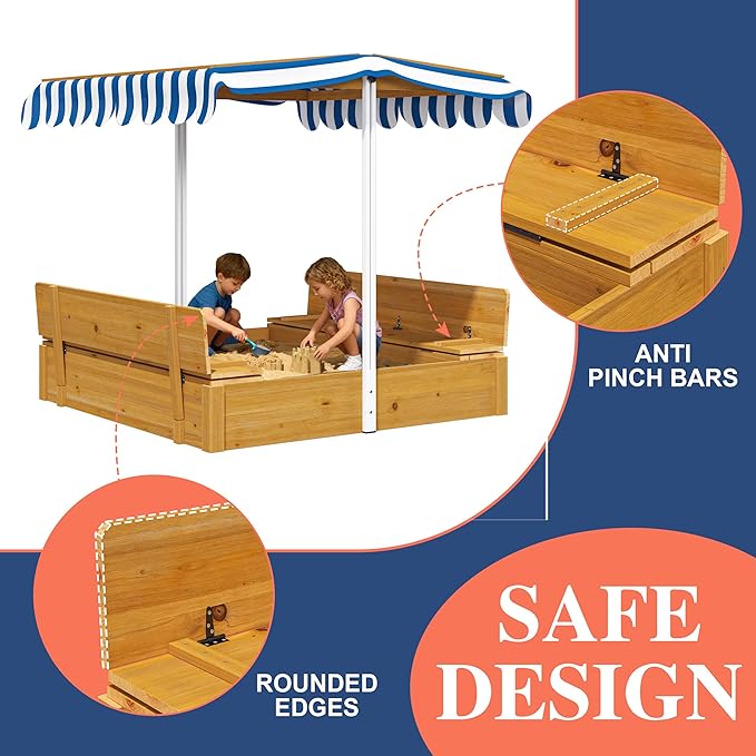 Kids Sandbox with Lid, Wooden Sand Box with Cover Adjustable Canopy, Storage,and Bottom Liner, for Backyard Outdoor Playgrounds Equipment Ages 4-8