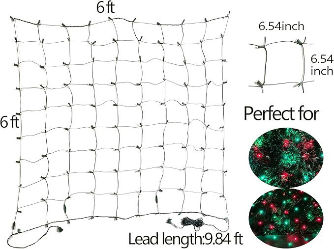 HISHINY LED Christmas Net Lights Outdoor,6ftx6ft 144LED Green Wire, Connectable Indoor Outdoor Bush Mesh Net Lights String for Halloween Christmas Party,Shrub,Yard,Tree（Red & Green）
