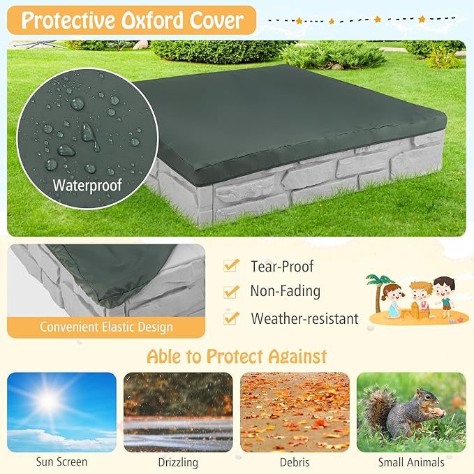 GLACER Sandbox with Cover, 47x 47 HDPE Sand Box w/Oxford Cover, Bottom Drainage Oxford Liner, All Weather Resistant Sand Pit in Backyard Lawn Garden Beach for Kids (Gray)