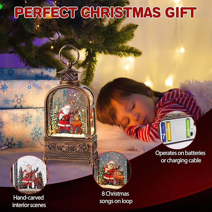 10.2 Christmas Snow Globe Santa Claus, Musical Snow Globe Lantern with 6H Timer Battery & USB Powered, Retro Style Holiday Glitter Snow Globes for Xmas Home Decoration Indoor Holiday Party Gifts
