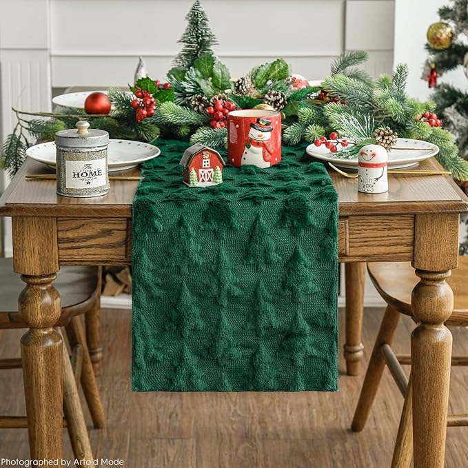 Artoid Mode Christmas Trees Green Soft Plush Faux Fur Jacquard Christmas Table Runner, Holiday Kitchen Dining Table Decoration for Home Party Decor 13x108 Inch