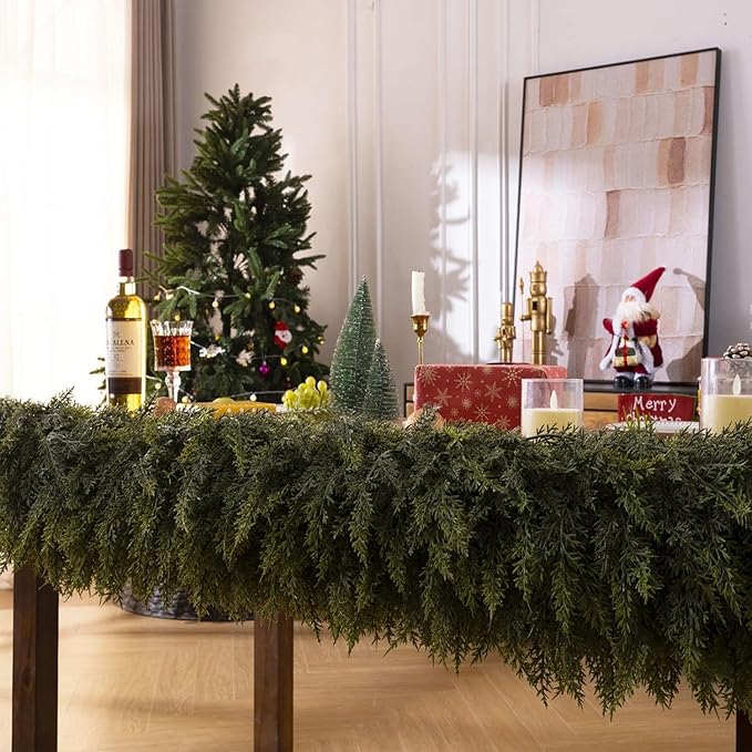 2 Pcs 6FT Christmas Cedar Garland - Thick & Lush Realistic Artificial Green Faux Cedar Pine Needles Garland for Christmas Winter Home Mantel Fireplace Holiday Party Decor