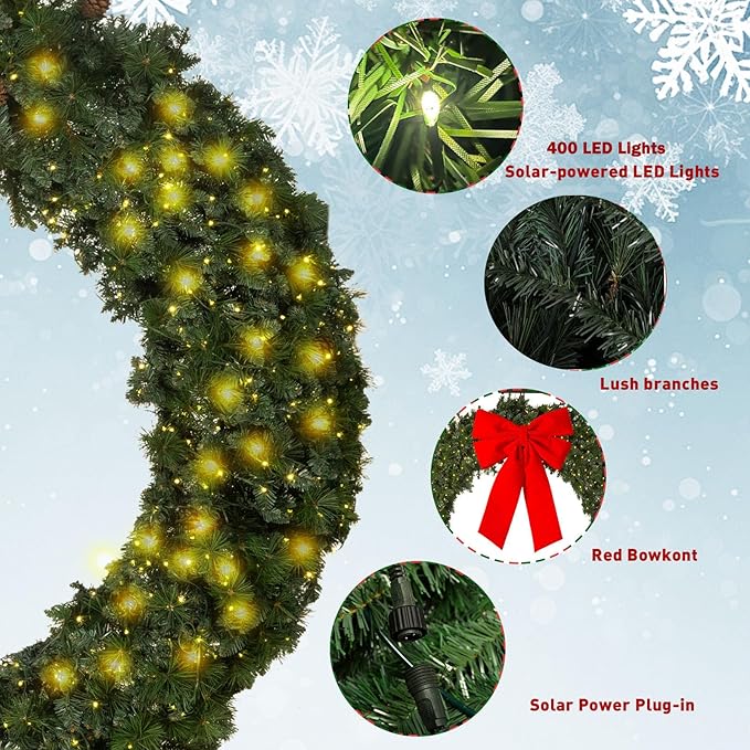 Solar Extra Large Christmas Wreath 60inch 400 LED Pre-Lit Led Artificial Wreath Outdoor Store Christmas Decorations Lighted Christmas Wreath for Home Wall Decor Party Decorations(6001)