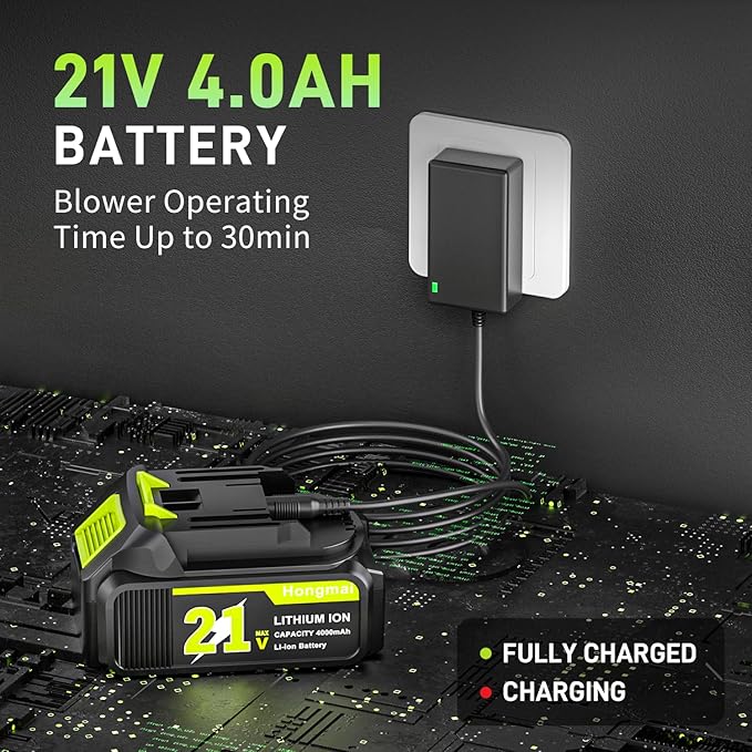 Leaf Blower Cordless, 500 CFM 21V Electric Cordless Leaf Blower with 4.0Ah Battery and Charger, Lightweight, 6 Speed Modes, for Lawn Care, Patio, Blowing Leaves and Dust (Green)