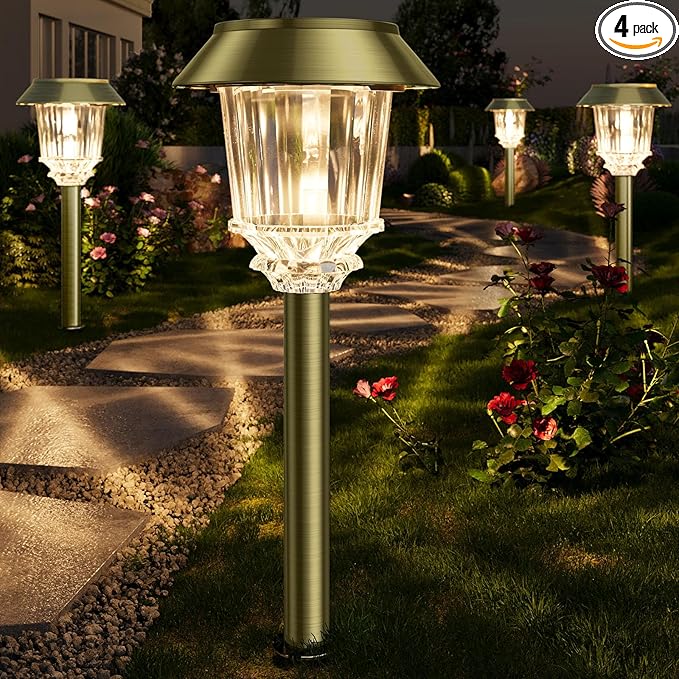XMCOSY+ Solar Pathway Lights Outdoor - 4 Pack Auto On/Off 10-40 LM Dimmable Waterproof Outdoor Solar Lights for Yard Pathway Garden Driveway Walkway (Bronze)