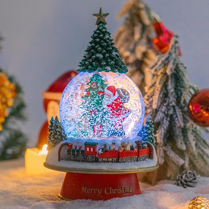 Taman Christmas Snow Globe, Santa with Gifts,Christmas Tree,Mini Train Carrying Bears Musical with Swirling Glitter Snowflakes Lighted Christmas Decorations Tabletop Home Décor