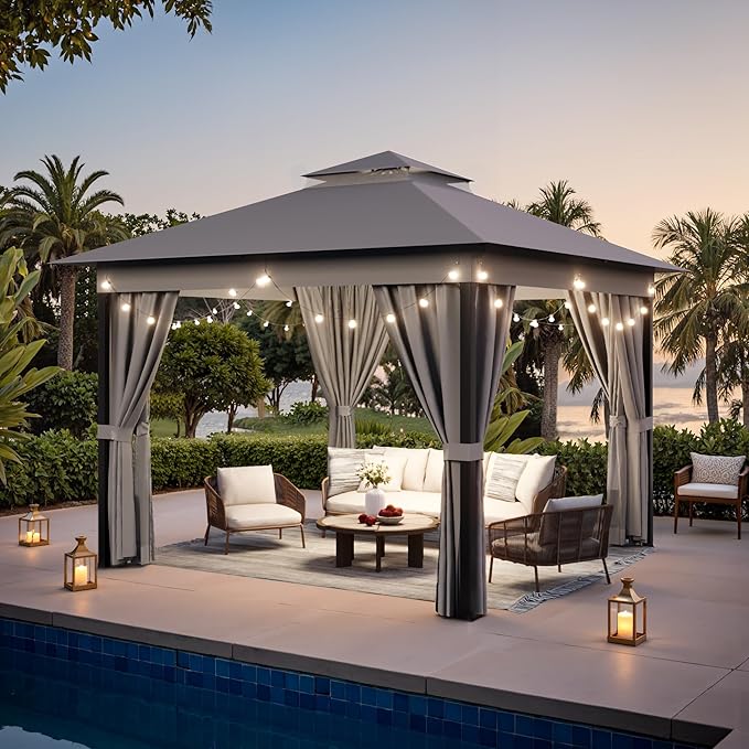 Devoko Outdoor Gazebo for Patio 10'x 10' Heavy Duty Metal Frame Canopy with Expansion Bolts & Double Roofs, Party Tent & Shelter with Mosquito Nettings and Privacy Screen for Backyard, Garden (Grey)